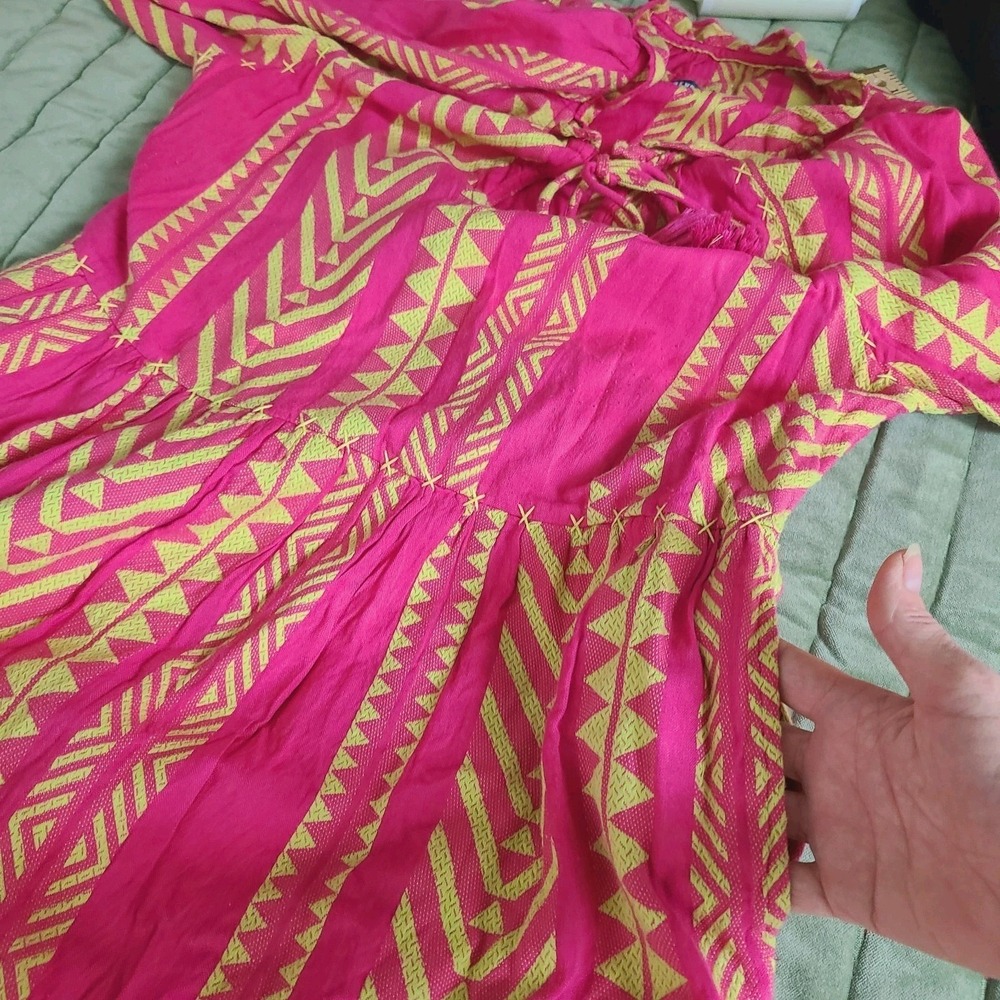 NEW Maeve Anthropologie Embroidered Boho Tassel Dress Pink Yellow Geometric M - Picture 10 of 14